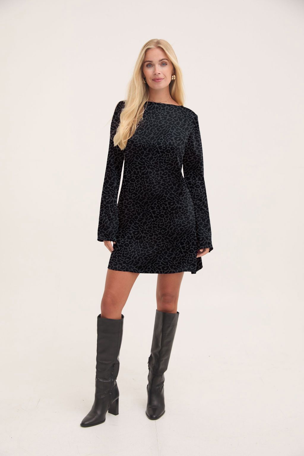 Dahlia Black Animal Fluted Sleeve Satin Dress