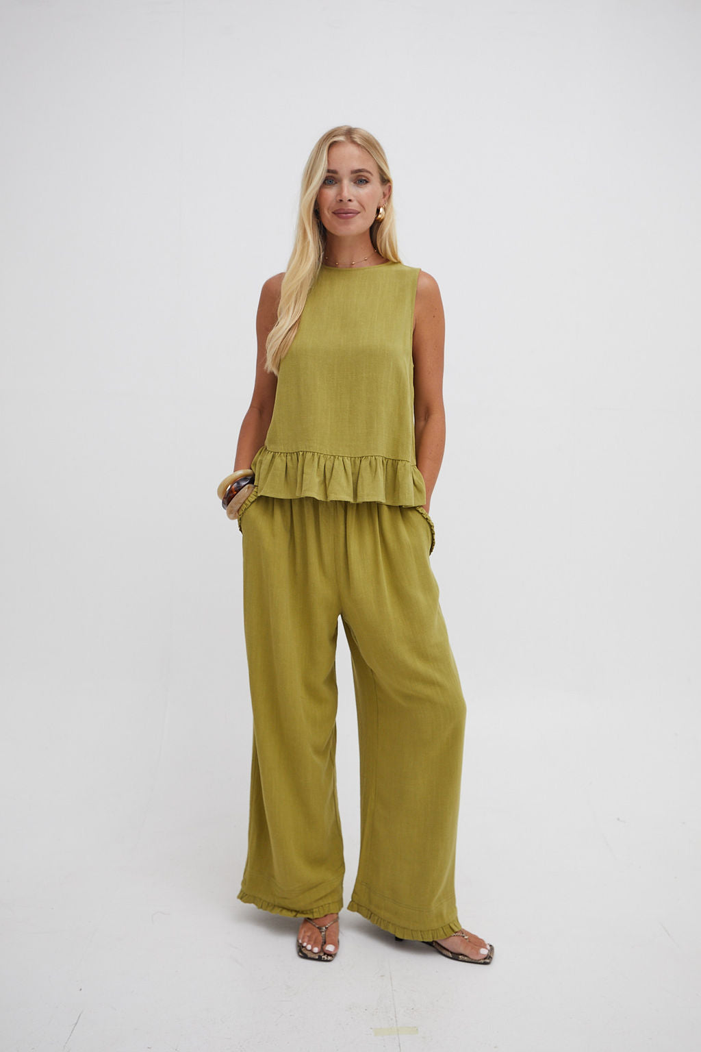 Isla Olive Green Ruffle Hem Culottes