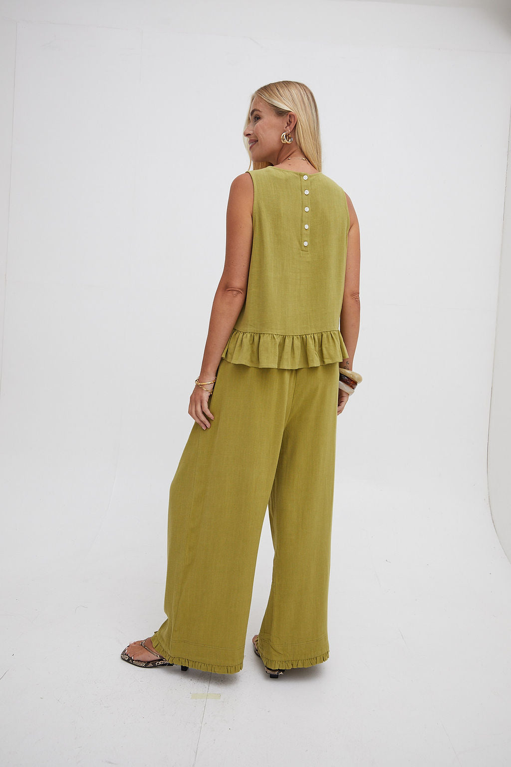 Monica Olive Green Ruffle Hem Top