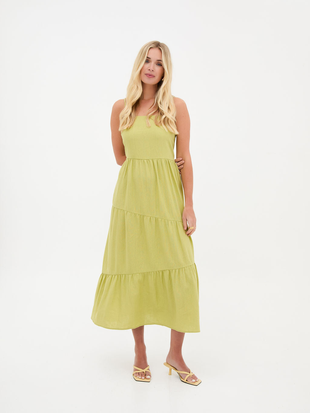 Blossom Lime Asymmetric Linen Midi Dress