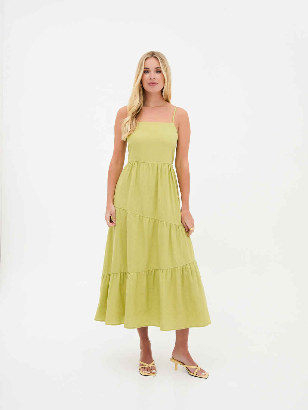 Blossom Lime Asymmetric Linen Midi Dress