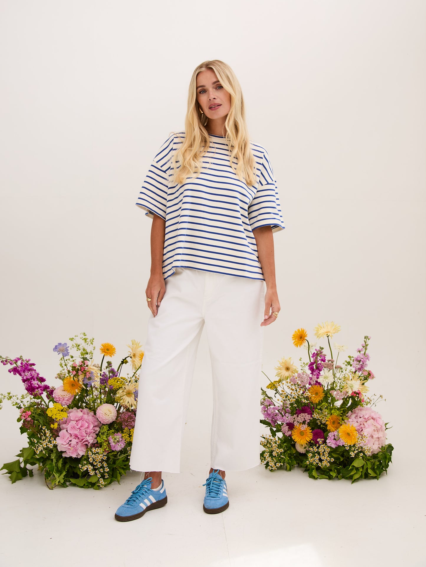 Sara Premium Cotton White & Blue Striped T-Shirt