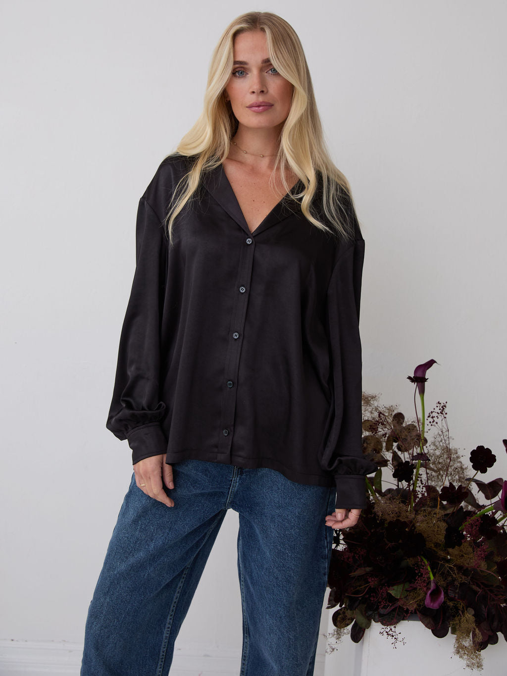 Freya Black Relaxed Satin Shirt