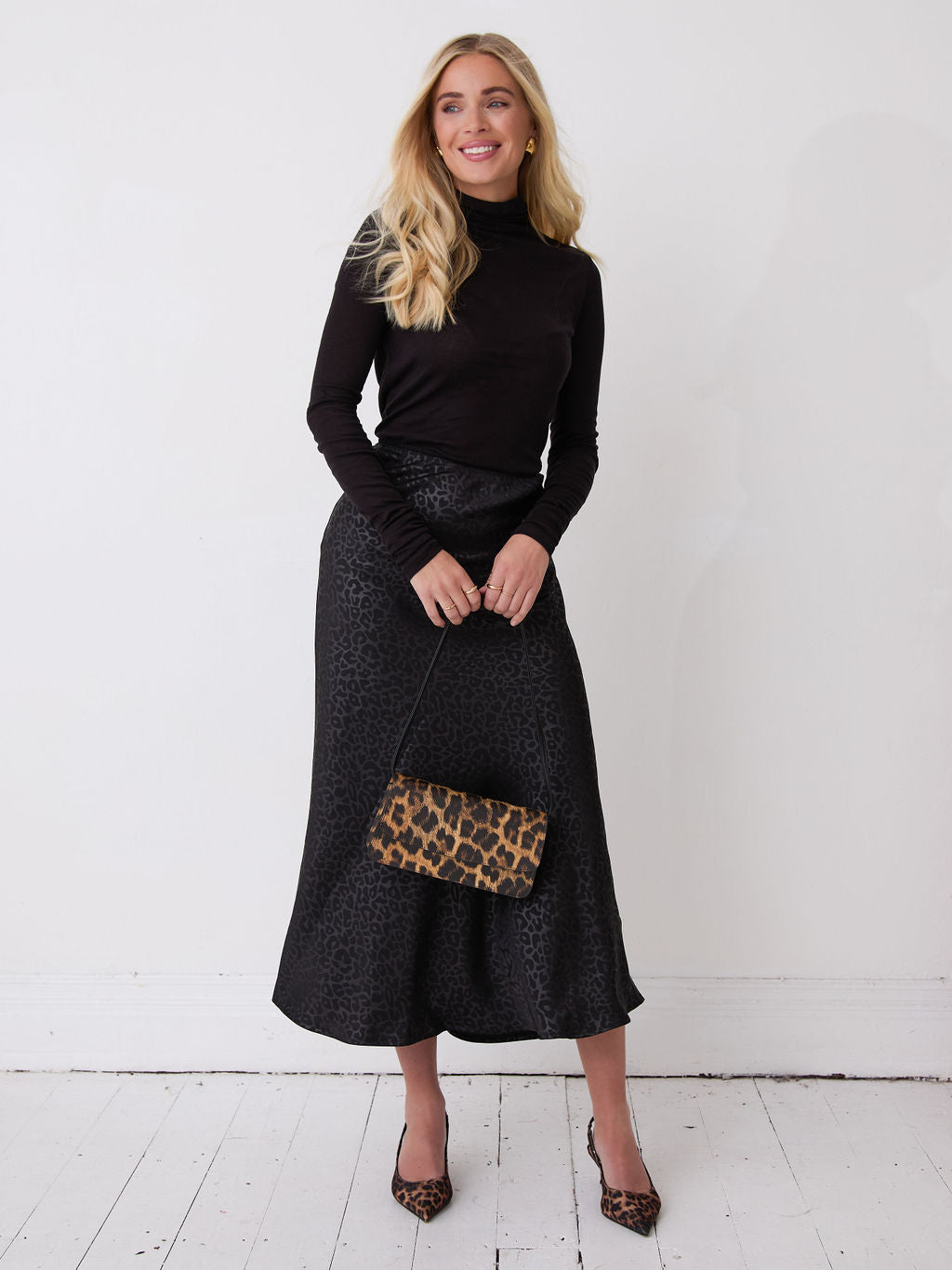 Bria Black Animal Satin Skirt