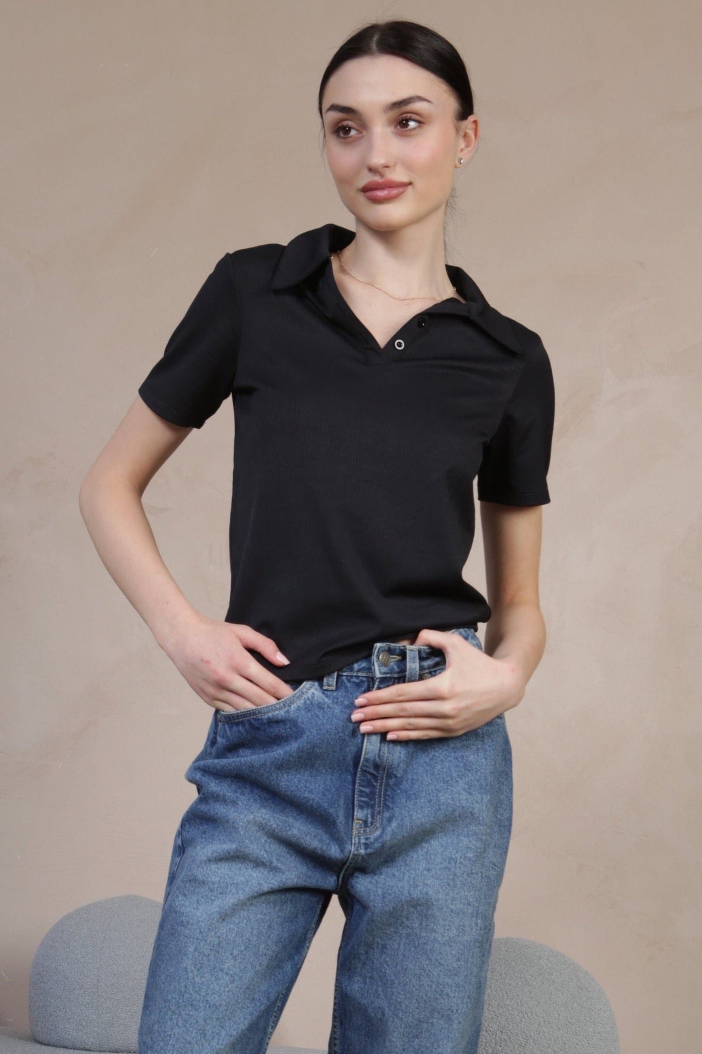 Black Collared Rib Top