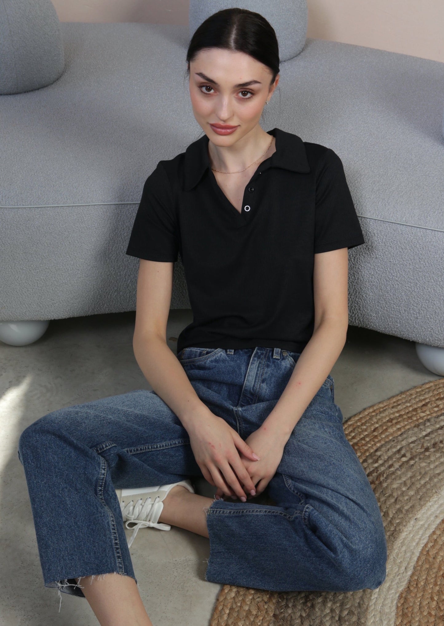 Black Collared Rib Top