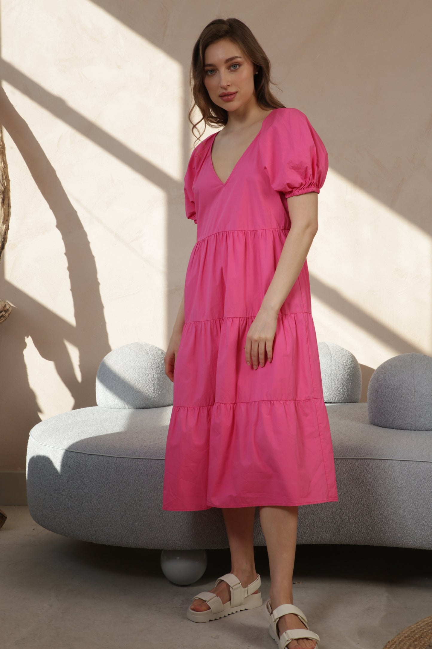 Pink Cotton Tiered Midi Dress