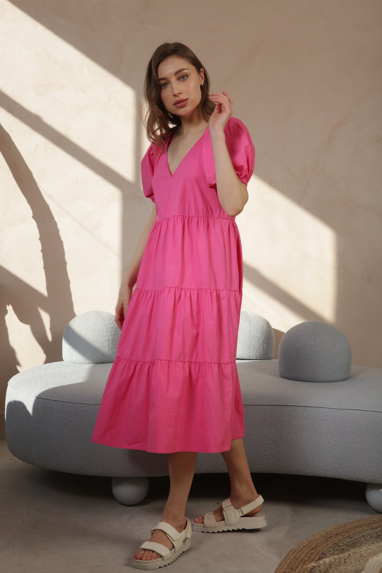 Pink Cotton Tiered Midi Dress