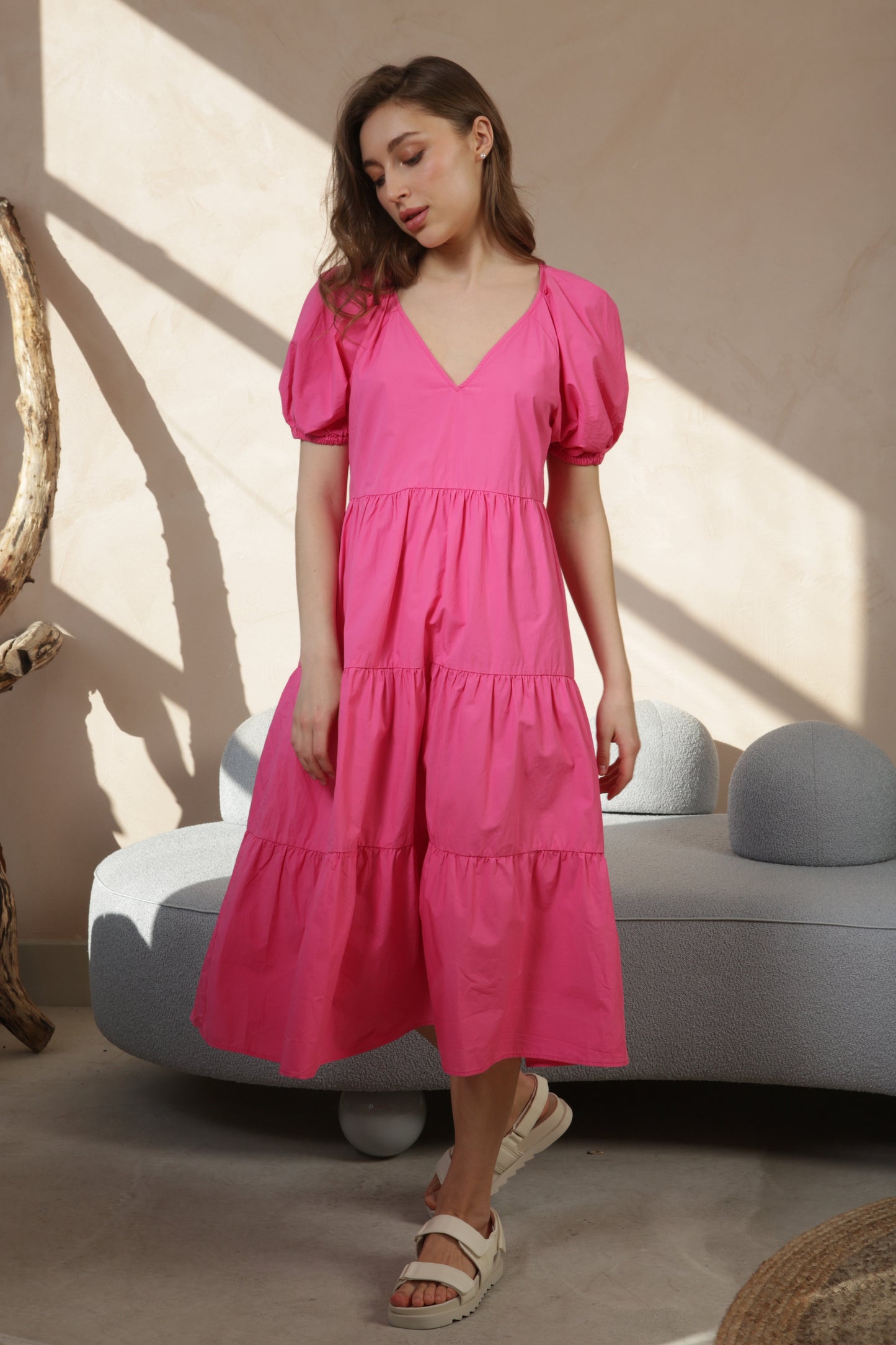 Pink Cotton Tiered Midi Dress