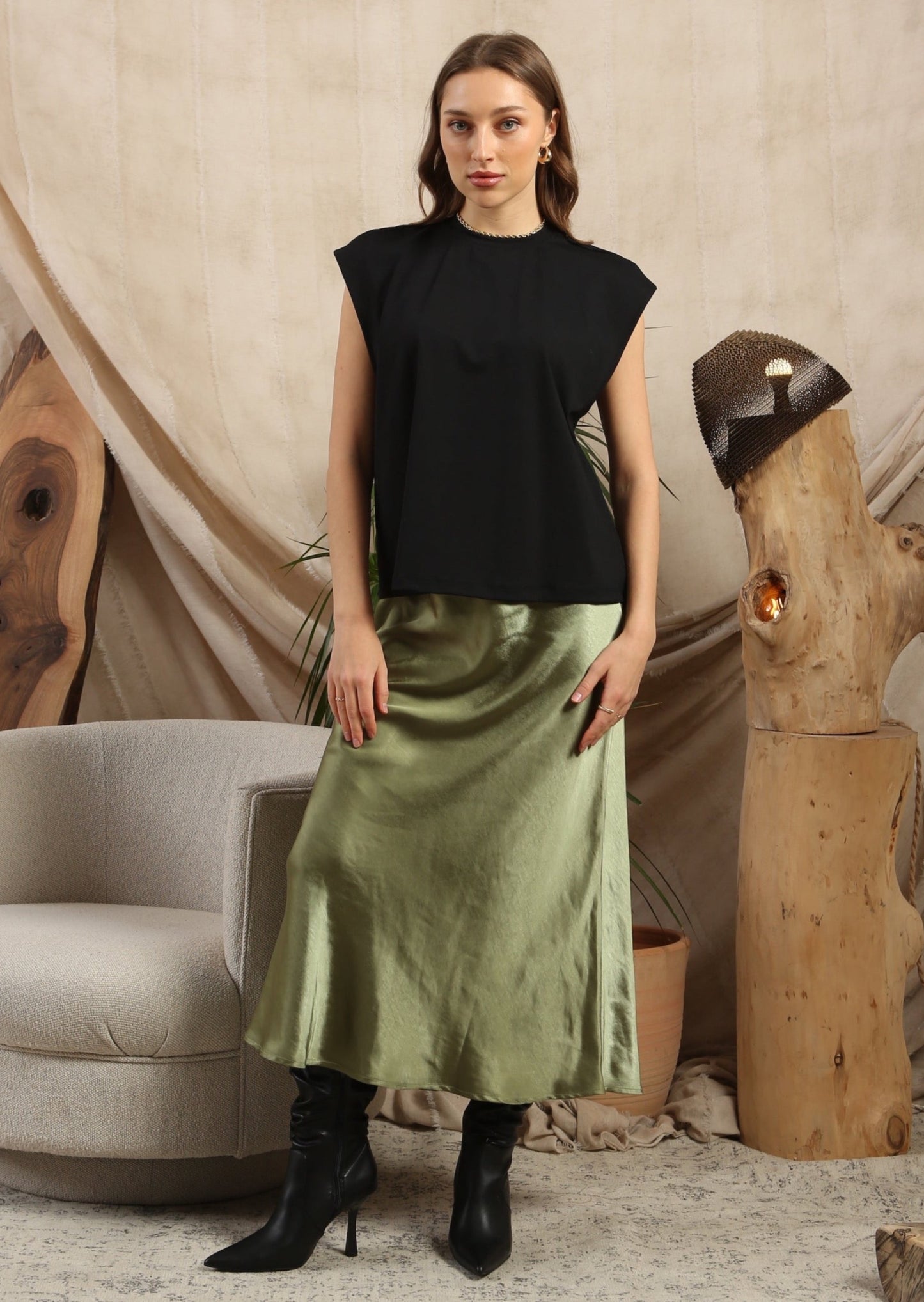 Khaki Satin Skirt