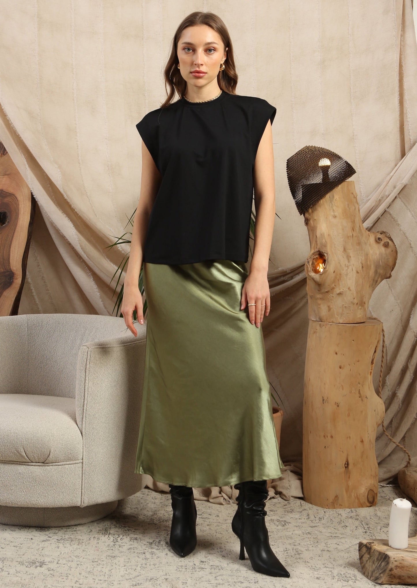 Khaki Satin Skirt