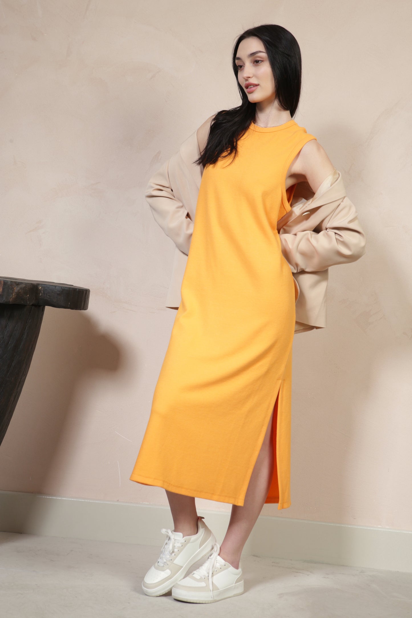 Orange Textured Knit Midi Dress