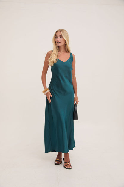 Gabriella Teal Satin Slip Dress