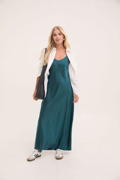 Gabriella Teal Satin Slip Dress