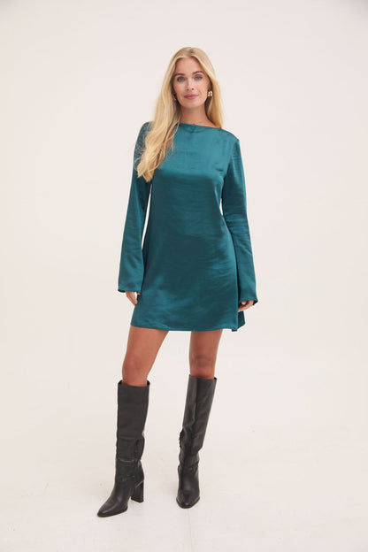 Dahlia Teal Fluted Sleeve Satin Dress