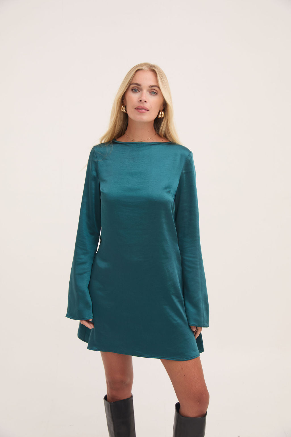 Dahlia Teal Fluted Sleeve Satin Dress