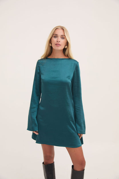 Dahlia Teal Fluted Sleeve Satin Dress