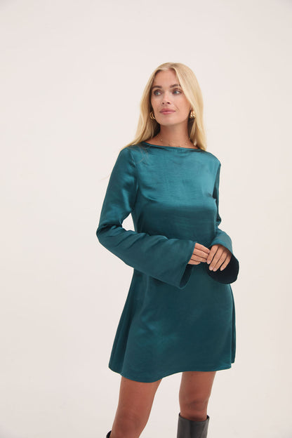Dahlia Teal Fluted Sleeve Satin Dress