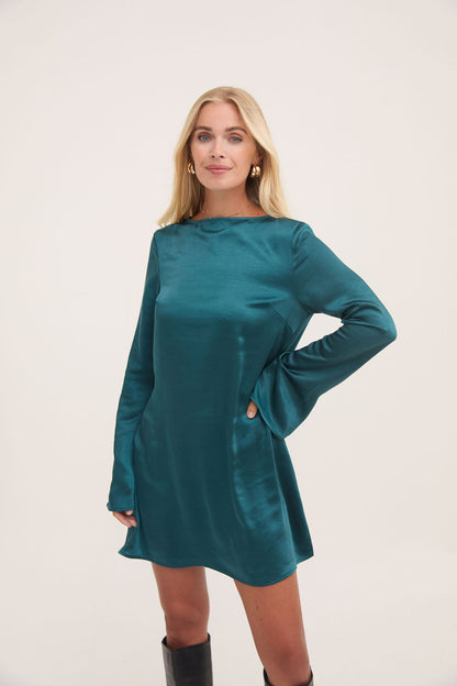 Dahlia Teal Fluted Sleeve Satin Dress