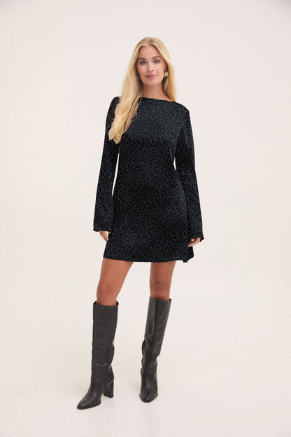 Dahlia Black Animal Fluted Sleeve Satin Dress