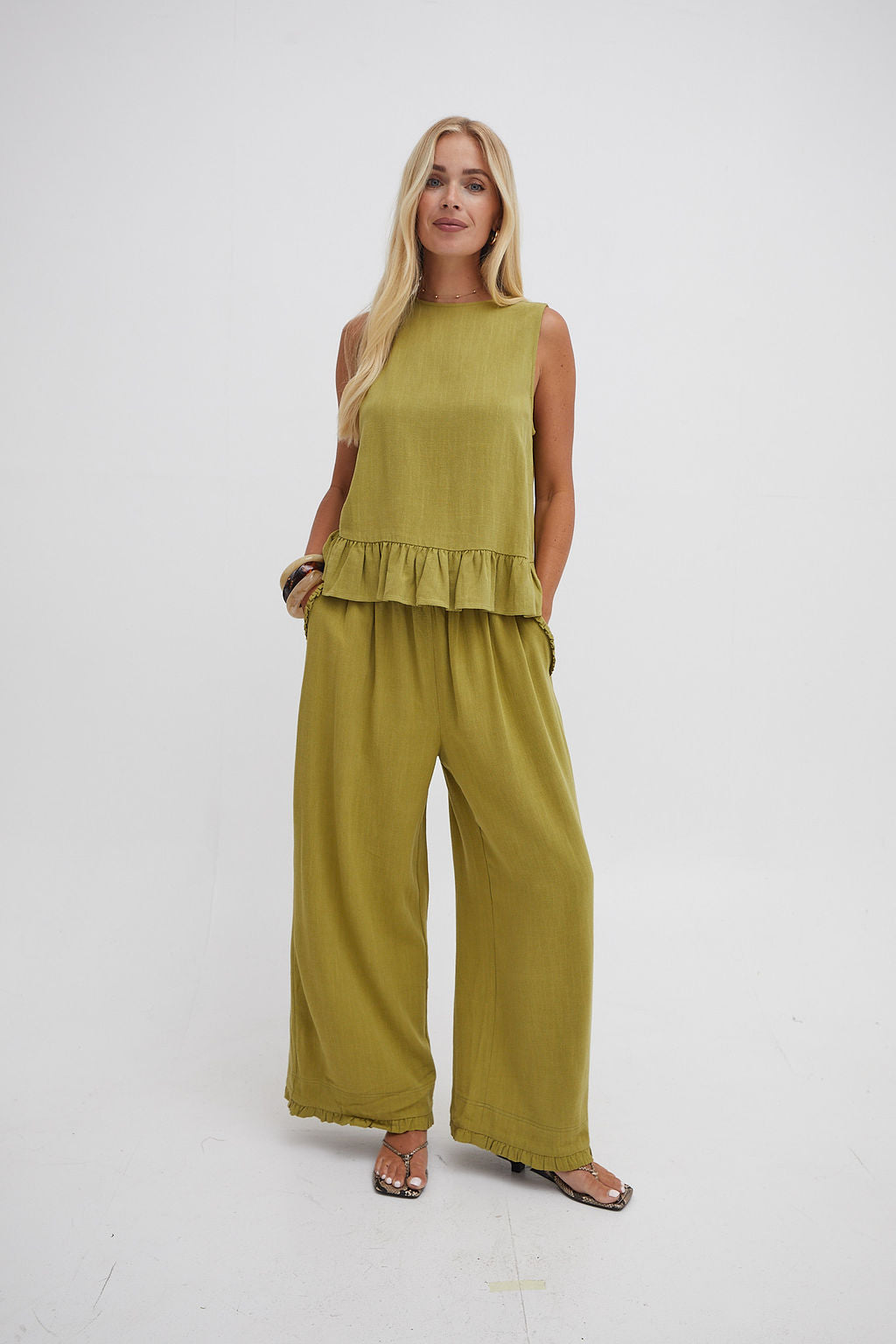 Monica Olive Green Ruffle Hem Top