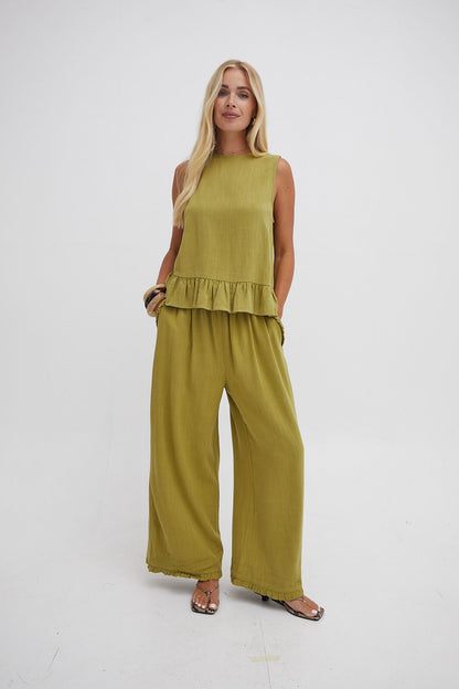 Monica Olive Green Ruffle Hem Top