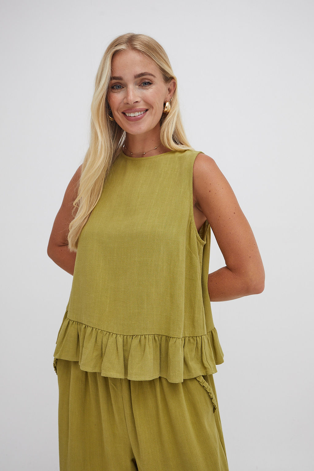 Monica Olive Green Ruffle Hem Top