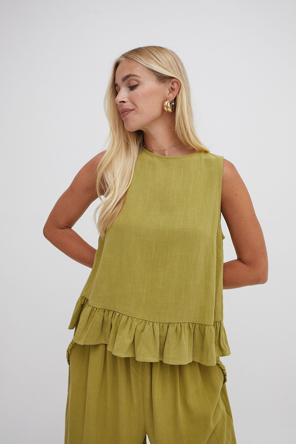 Monica Olive Green Ruffle Hem Top