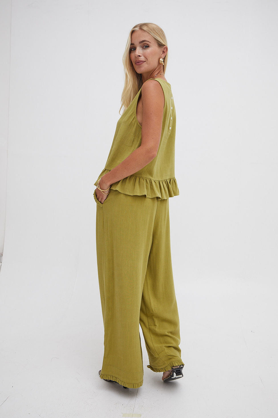 Monica Olive Green Ruffle Hem Top
