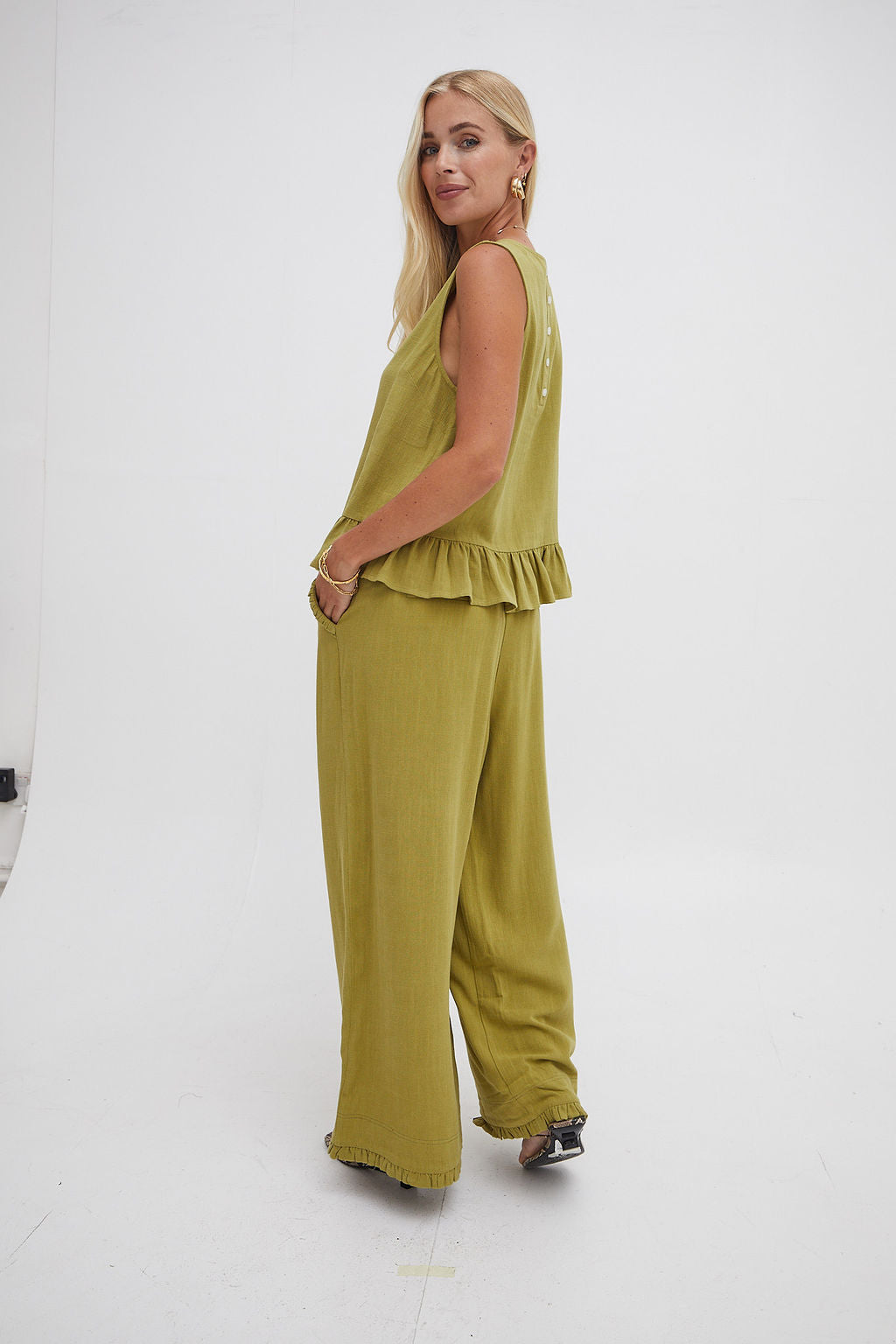 Isla Olive Green Ruffle Hem Culottes