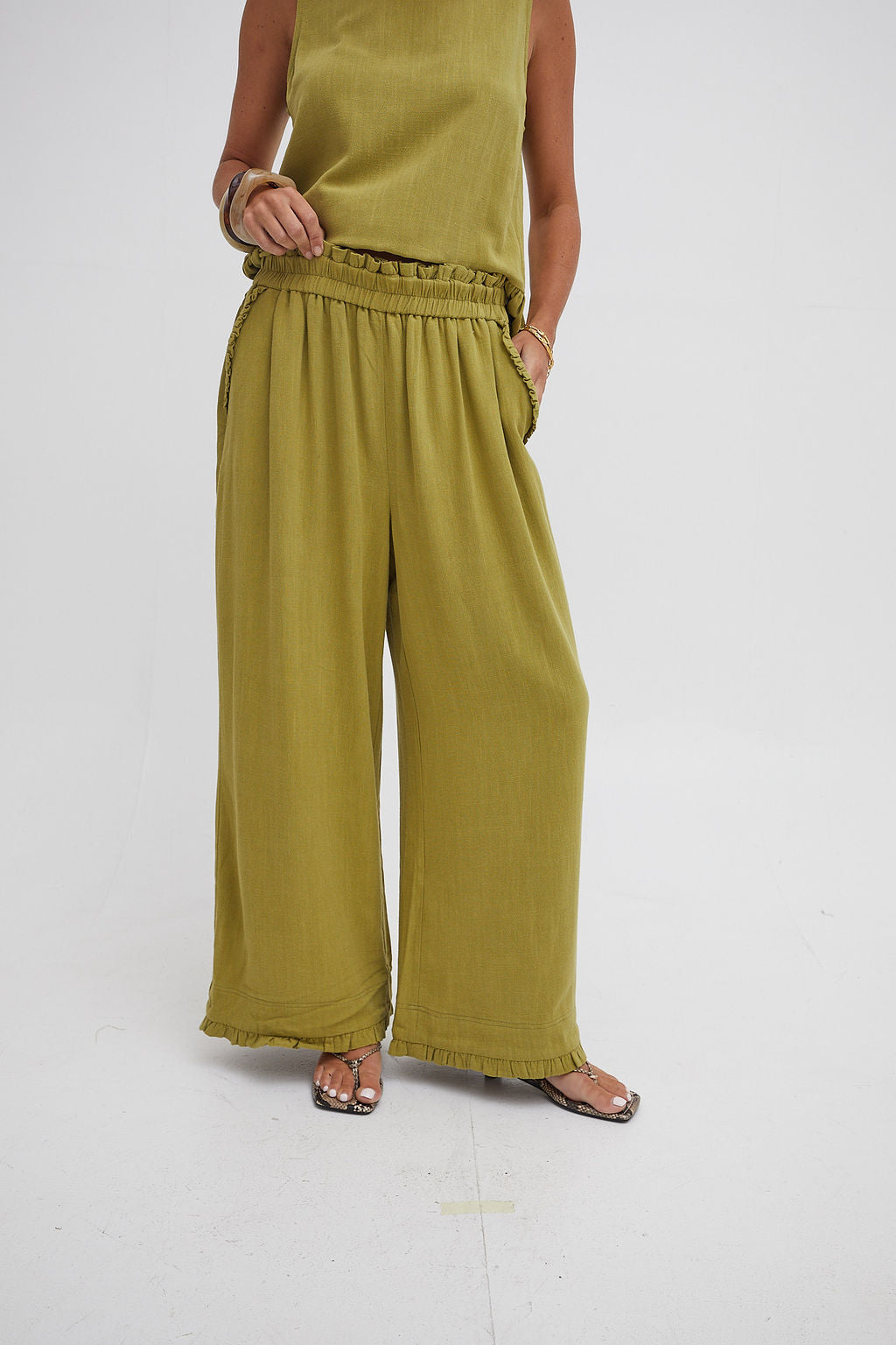 Isla Olive Green Ruffle Hem Culottes