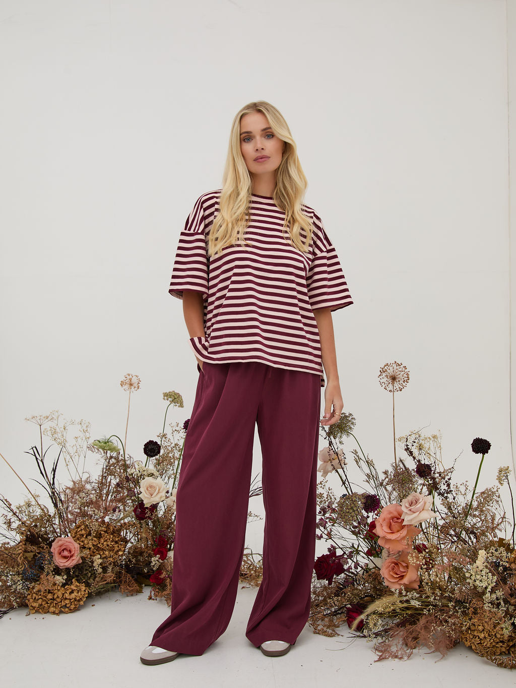Sara Burgundy & Cream Stripe Super Soft T-Shirt