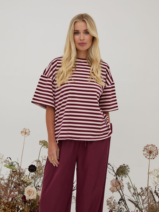 Sara Burgundy & Cream Stripe Super Soft T-Shirt