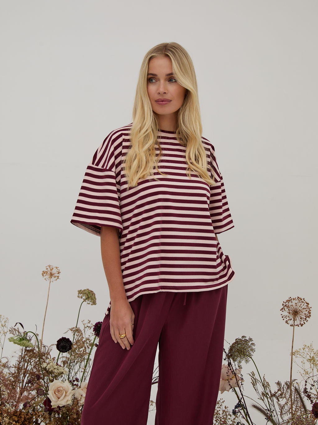 Sara Burgundy & Cream Stripe Super Soft T-Shirt
