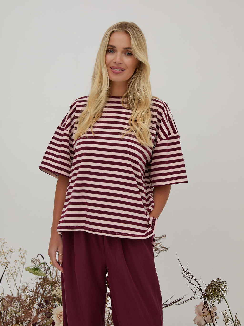 Sara Burgundy & Cream Stripe Super Soft T-Shirt