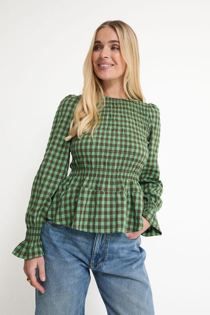 Elsa Green Checked Smocked Top