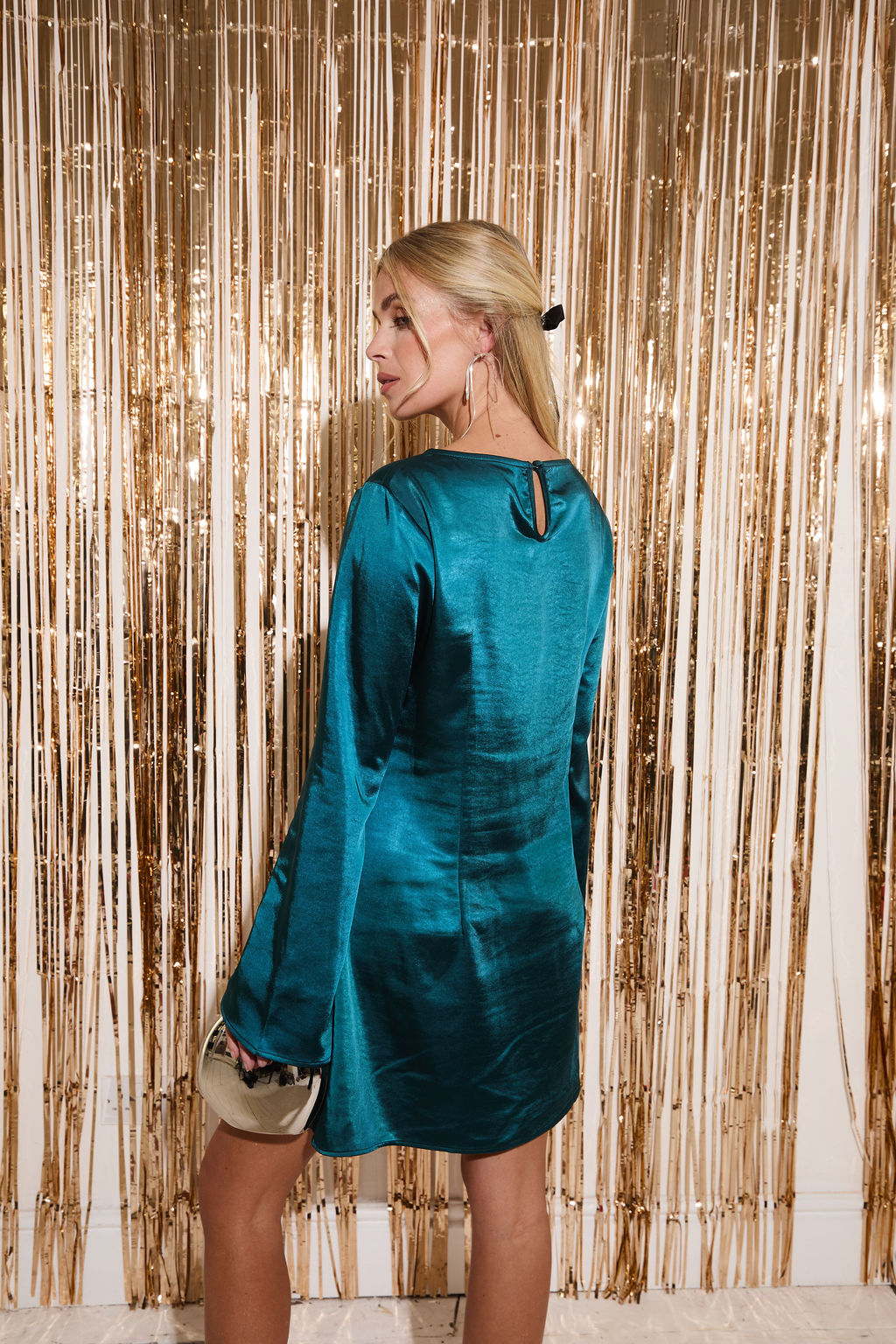Dahlia Teal Fluted Sleeve Satin Dress