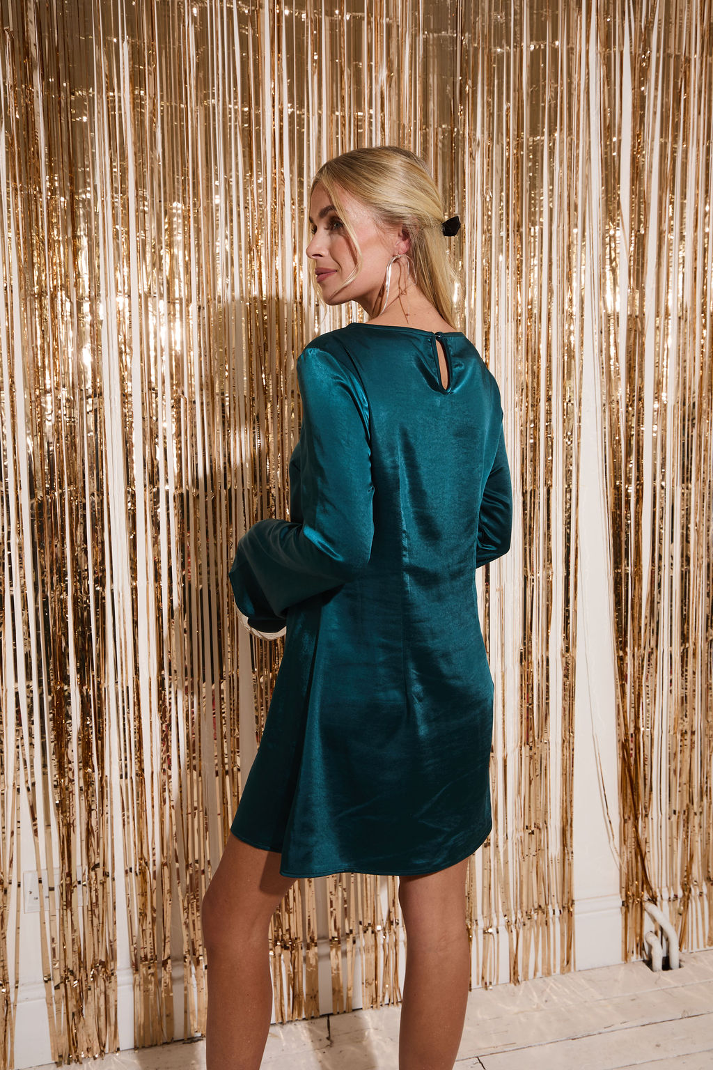 Dahlia Teal Fluted Sleeve Satin Dress