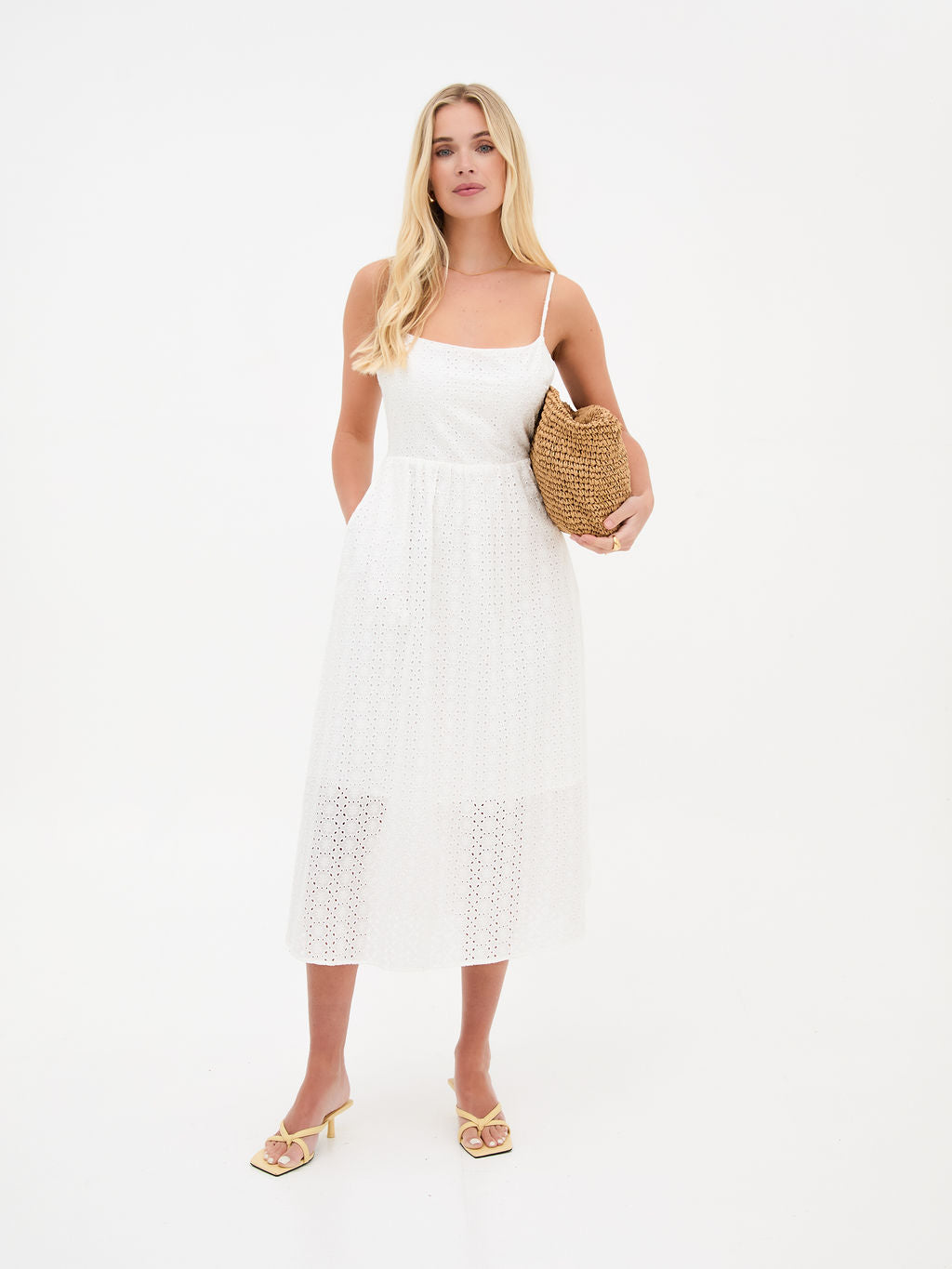 Dane White Cotton Broderie Midi Dress