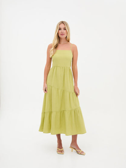 Blossom Lime Asymmetric Linen Midi Dress