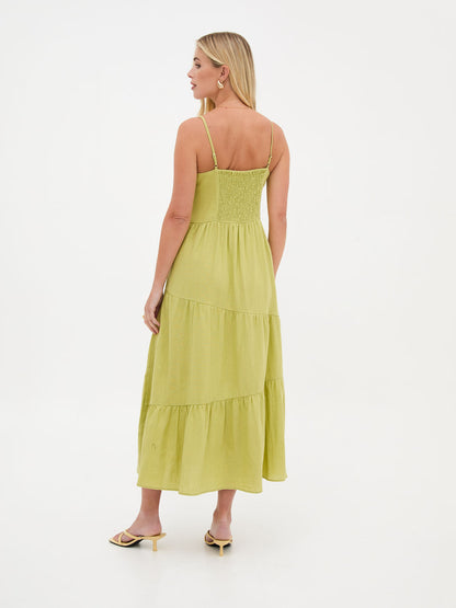 Blossom Lime Asymmetric Linen Midi Dress