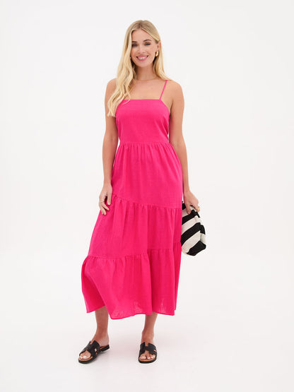 Blossom Pink Asymmetric Linen Midi Dress