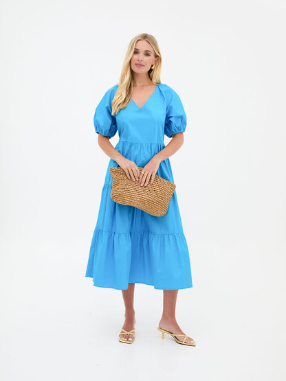 Hollie Blue Cotton Tiered Midi Dress