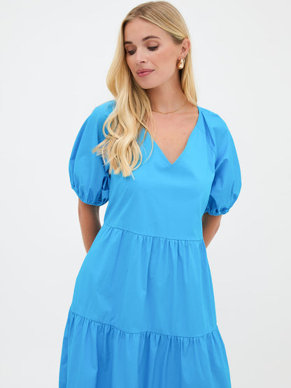 Hollie Blue Cotton Tiered Midi Dress