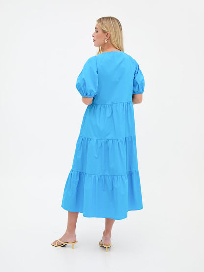 Hollie Blue Cotton Tiered Midi Dress