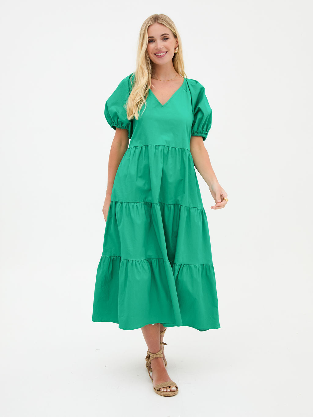 Hollie Green Cotton Tiered Midi Dress