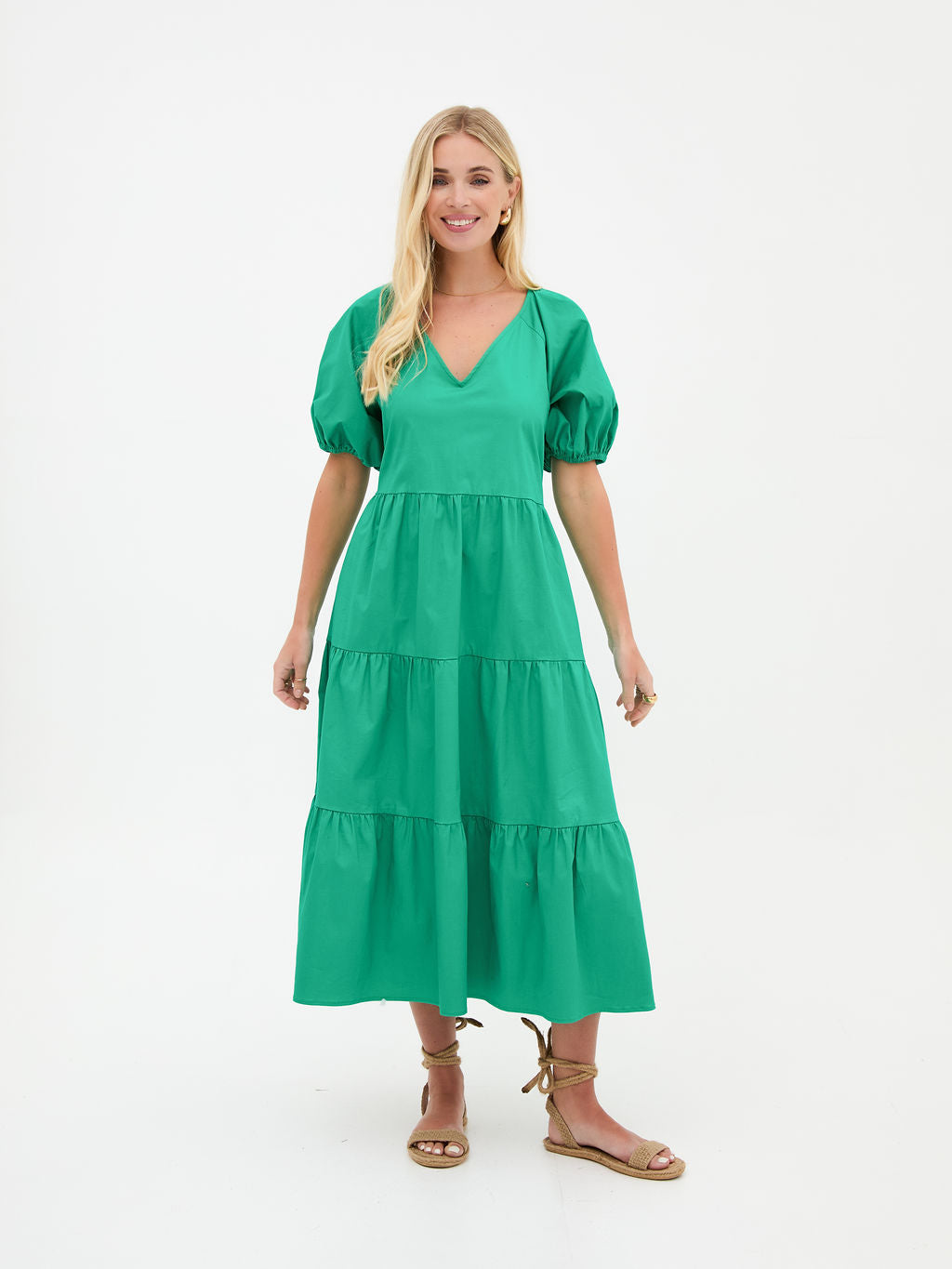 Hollie Green Cotton Tiered Midi Dress