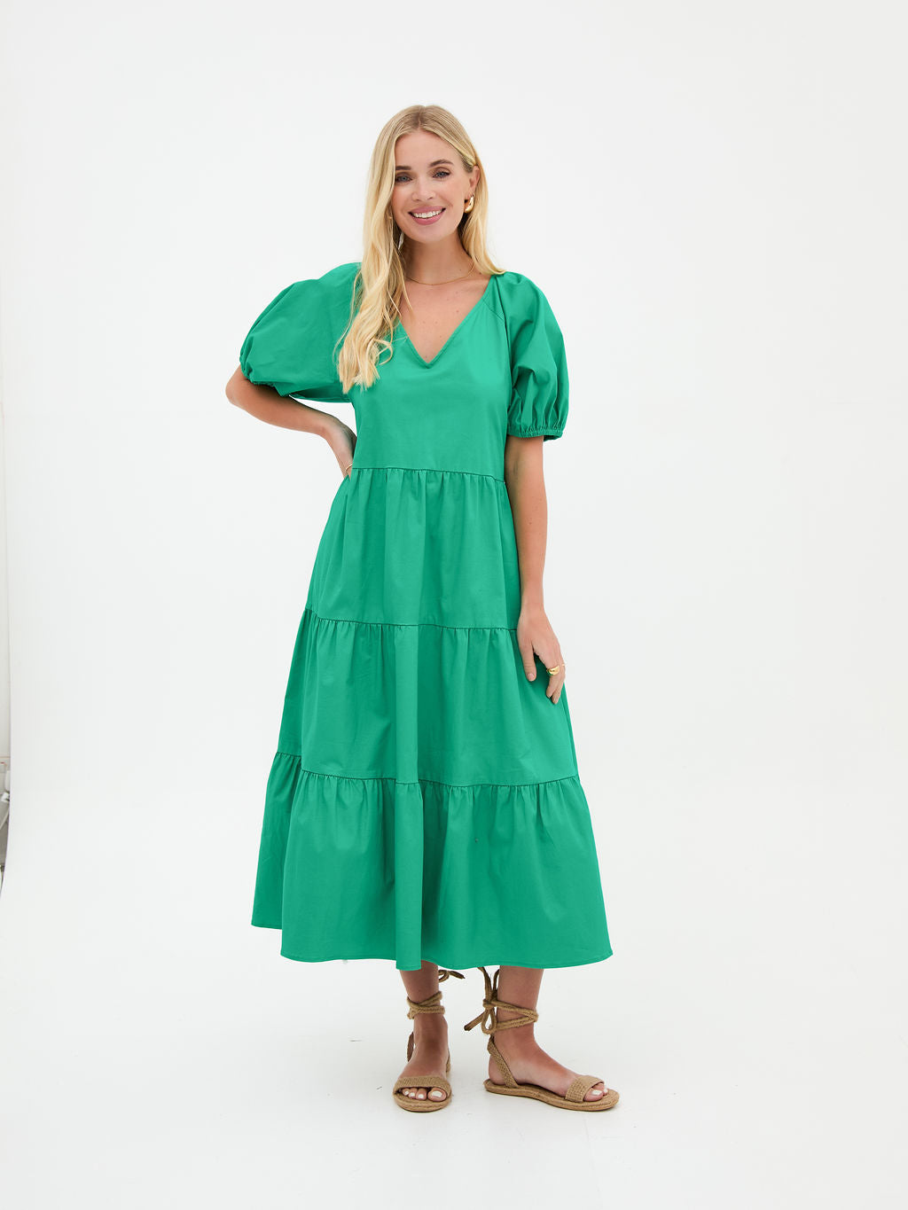 Hollie Green Cotton Tiered Midi Dress