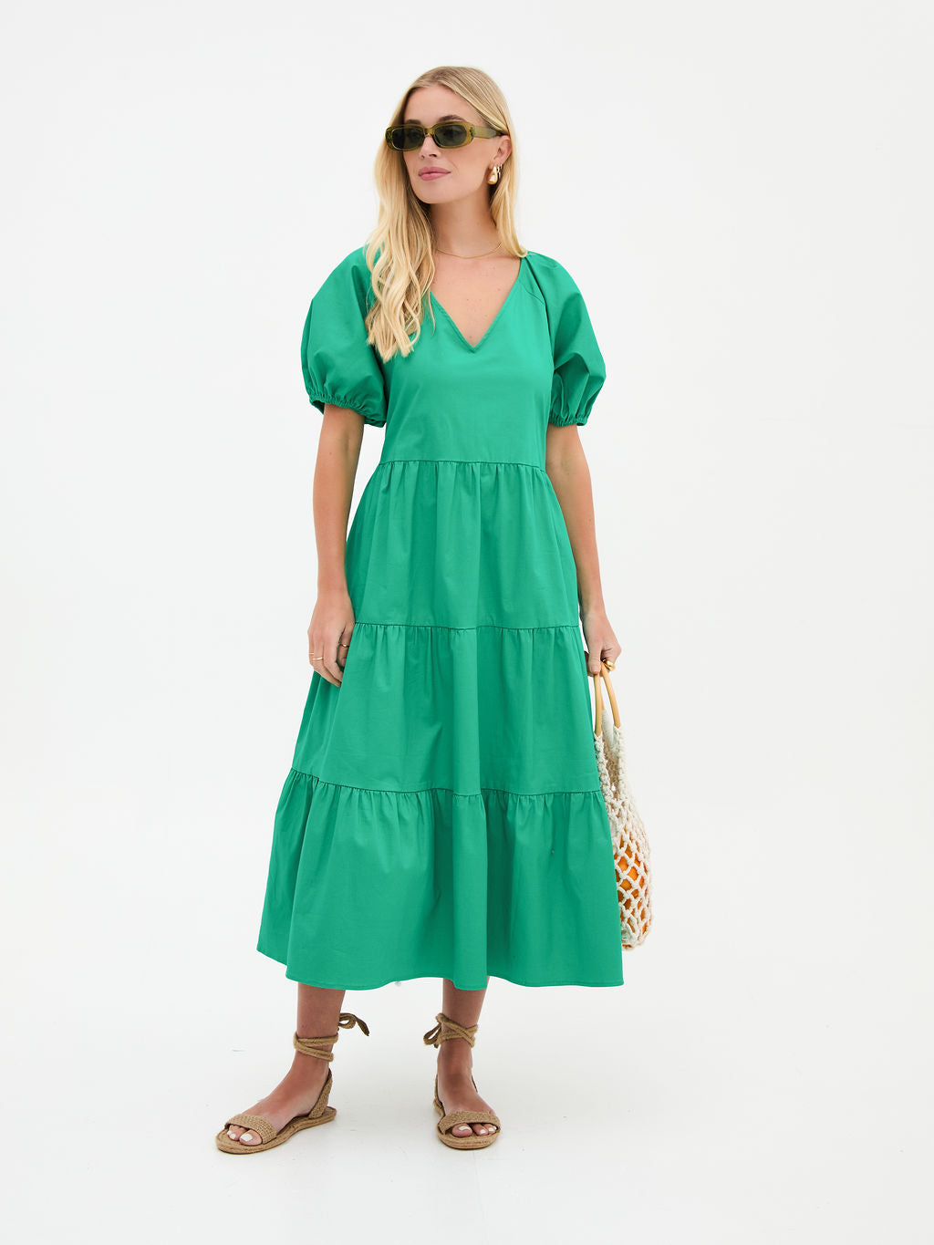 Hollie Green Cotton Tiered Midi Dress