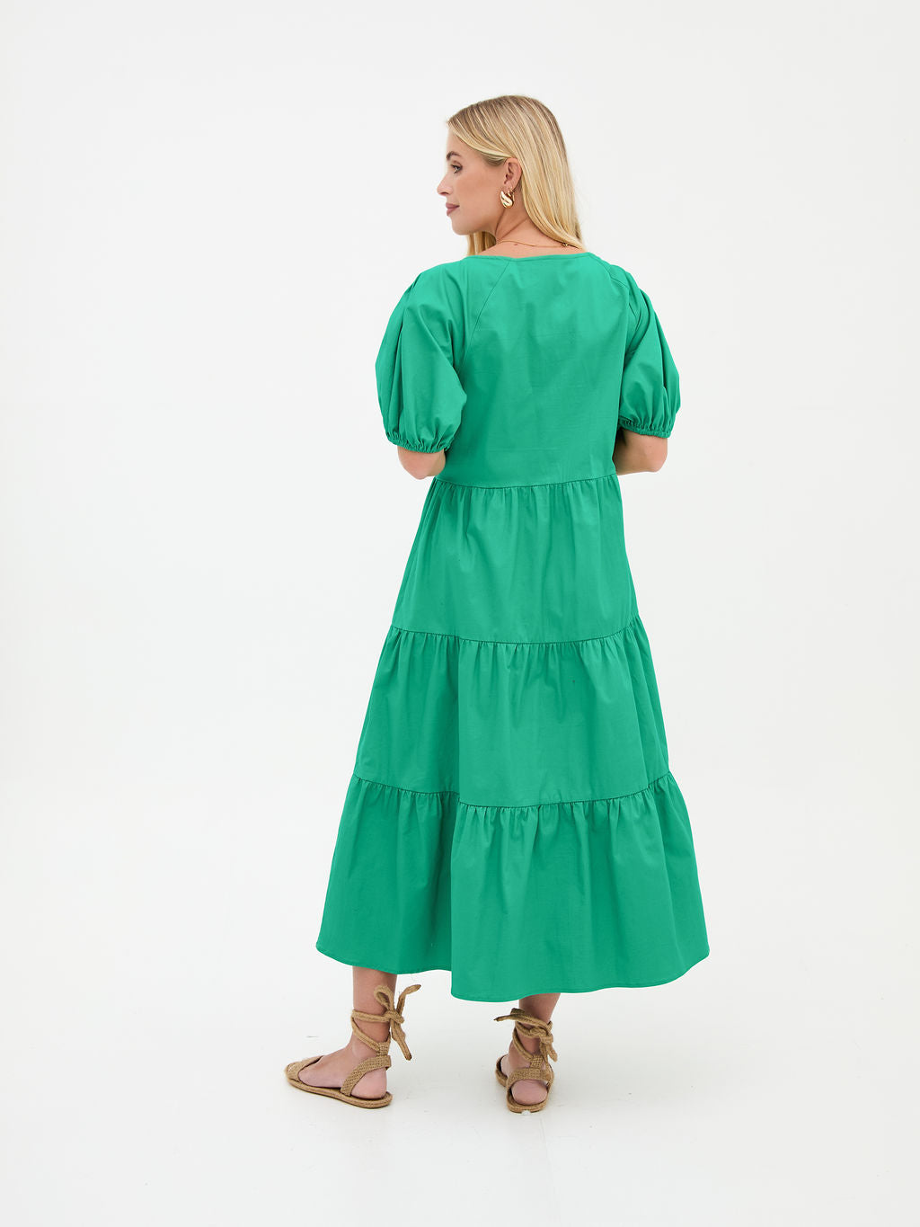 Hollie Green Cotton Tiered Midi Dress